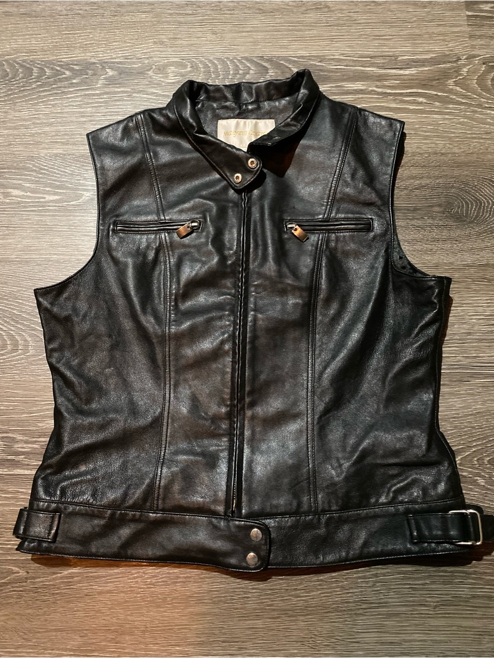 Classic Black Leather Moto Vest — Sleeveless Zip Front